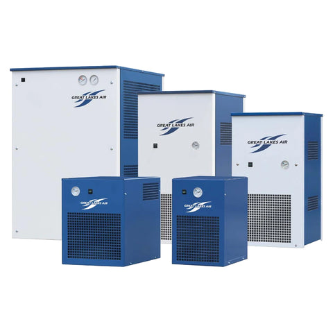 Great Lakes Air GRN series refrigerated air dryers in multiple sizes, representative product image.