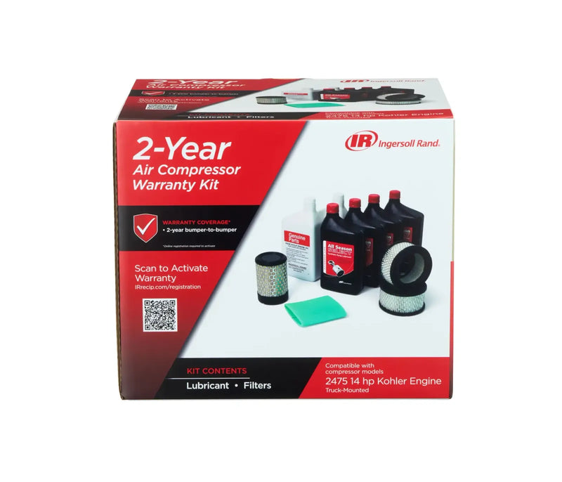 Ingersoll Rand 2-Year Air Compressor Warranty Start-Up Kit for 2475 14 HP Kohler gas-powered compressor, product packaging.