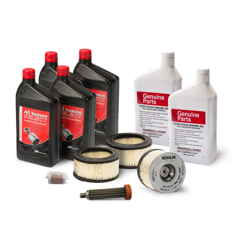 Ingersoll Rand 2475 Kohler diesel air compressor start-up kit with lubricants and replacement filters.