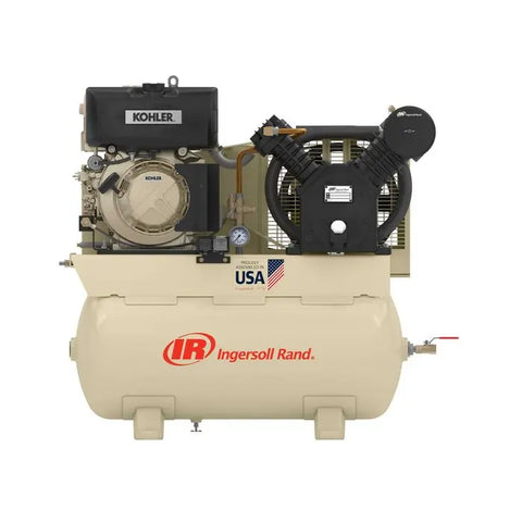 Ingersoll Rand 2475F10DK 10 HP Kohler diesel-powered two-stage air compressor with 30-gallon horizontal tank, front view.