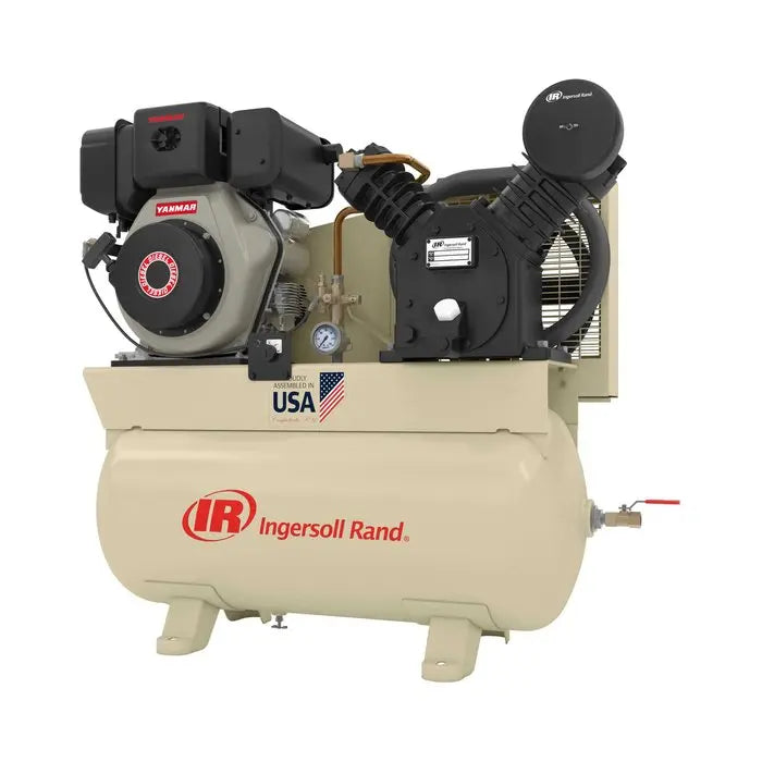Ingersoll Rand 2475F10DY 10 HP Yanmar diesel-powered two-stage air compressor with 30-gallon horizontal tank, front angled view.
