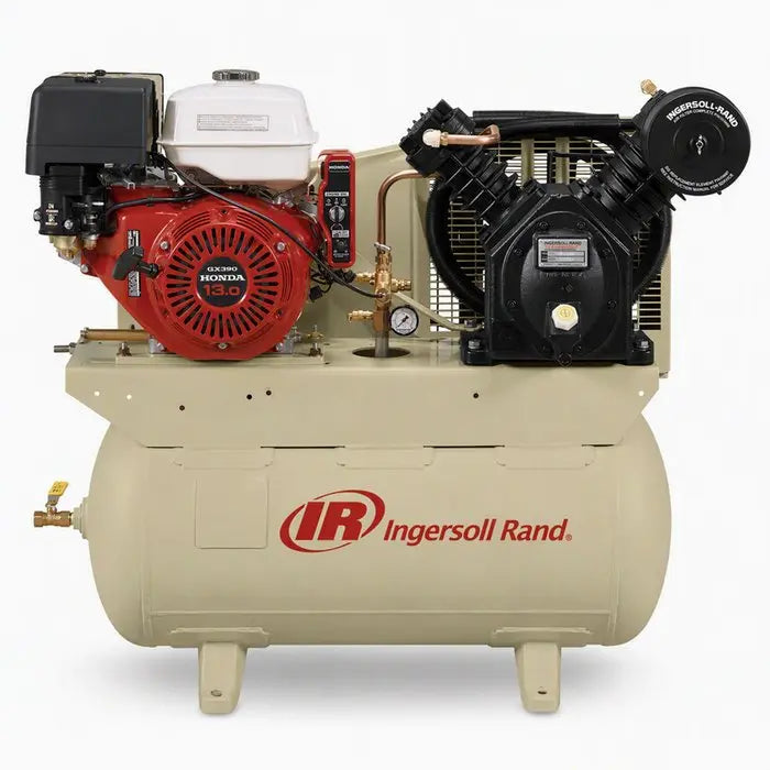 Ingersoll Rand 2475F13GH 13 HP two-stage gas-powered air compressor with Honda GX390 engine and 30-gallon horizontal tank