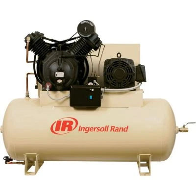 Representative image of an Ingersoll Rand pressure-lubricated two-stage air compressor with horizontal tank for the 447PA 25–30 HP series