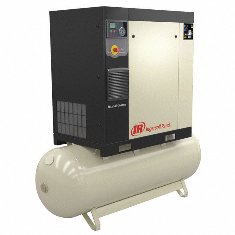 Ingersoll Rand R-Series 5–15 HP Total Air System (TAS) rotary screw compressor with integrated air dryer and horizontal receiver tank, representative exterior view.