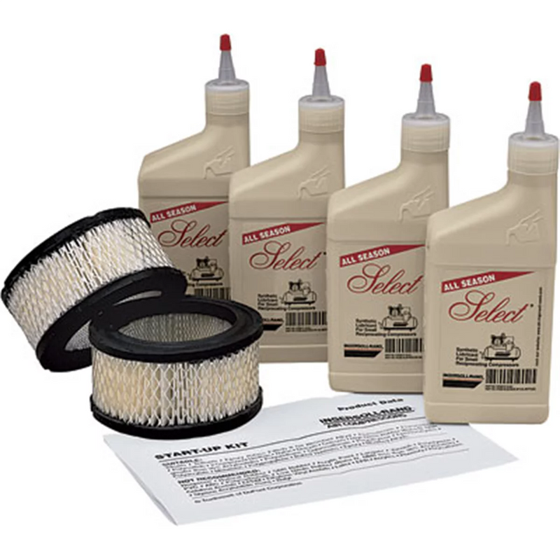 Ingersoll Rand All Season Select lubricant bottles and air filters, representative image for reciprocating air compressor start-up kits. Actual contents vary by model.