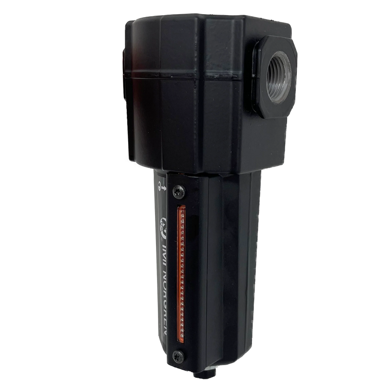 Norgren F74G compressed air filter, angled view showing threaded air connection. Representative image for Rolair FIL0500 1/2-inch filter.