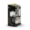 Internal view of Ingersoll Rand Nirvana cycling refrigerated air dryer showing heat exchanger, cooling fan, refrigeration compressor and piping.