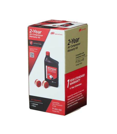 Ingersoll Rand 2-Year Air Compressor Warranty Start-Up Kit for P1.5IU-A9 Garage Mate reciprocating compressor, product packaging.