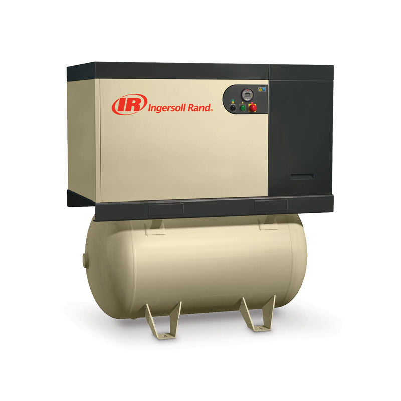 Ingersoll Rand R-Series 5–15 HP rotary screw air compressor with horizontal receiver tank, representative exterior product image.