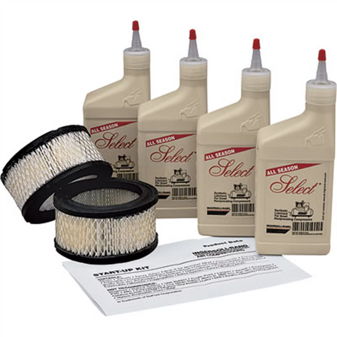 Ingersoll Rand All Season Select lubricant bottles and air filters, representative image for reciprocating air compressor start-up kits. Actual contents vary by model.