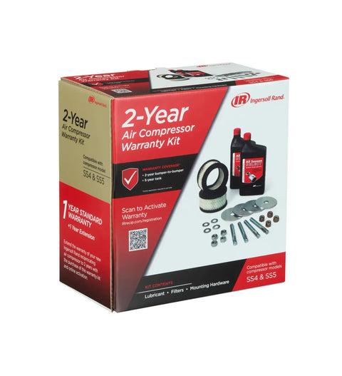 Ingersoll Rand 2-Year Air Compressor Warranty Start-Up Kit for SS4 and SS5 electric reciprocating compressors, product packaging.