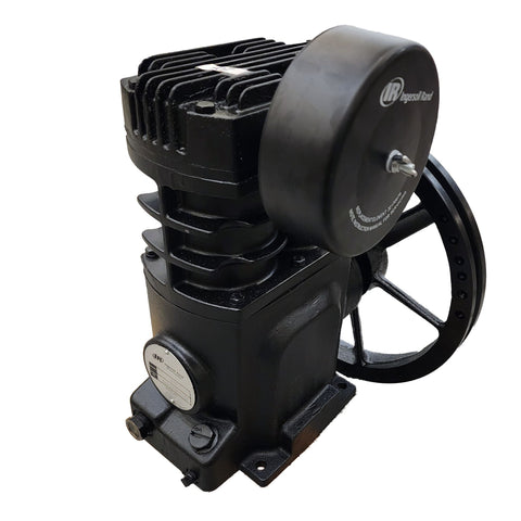Ingersoll Rand SS5 5 HP single-stage cast iron bare air compressor pump, angled view showing cylinder, flywheel and crankcase.