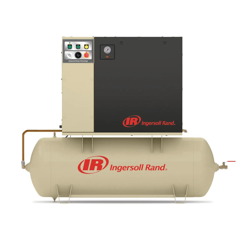 Ingersoll Rand UP6 5–15 HP rotary screw air compressor mounted on horizontal receiver tank – exterior view