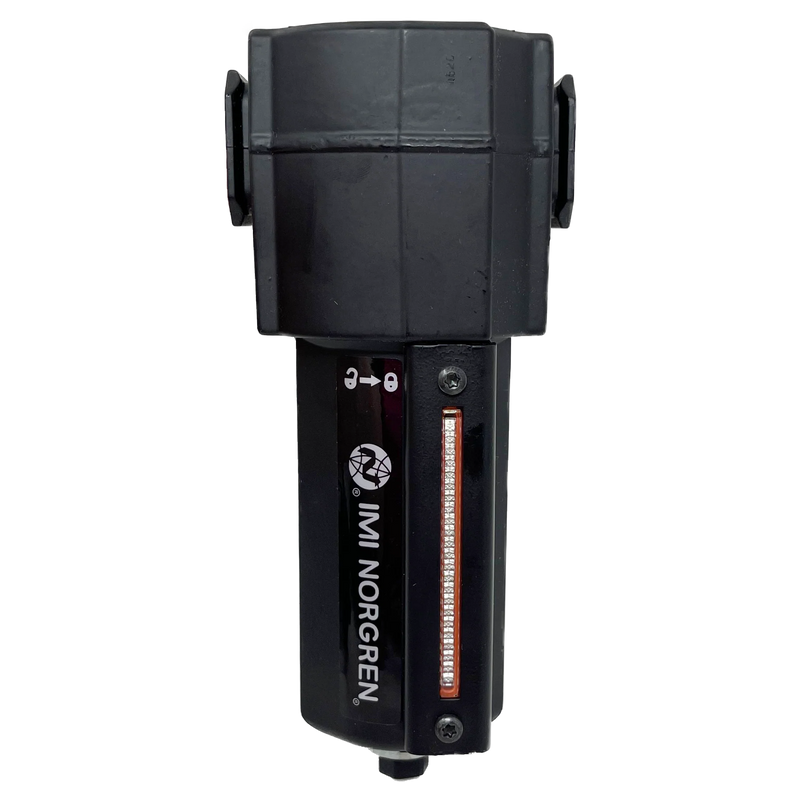 Norgren F74G compressed air filter, front view showing filter bowl and level indicator. Representative image for Rolair FIL0750 3/4-inch filter.