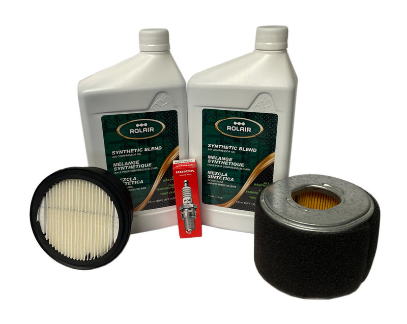 ROLAIR gas-powered air compressor maintenance kit components showing two oil bottles, two air filters and a spark plug. Representative image for stationary Life Kits; actual contents vary by model.
