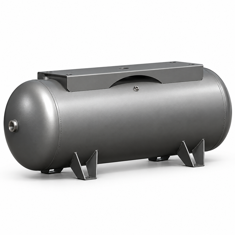 Horizontal ASME air receiver tank, representative image for Rolair compressed air storage tanks. Actual dimensions and appearance vary by capacity.